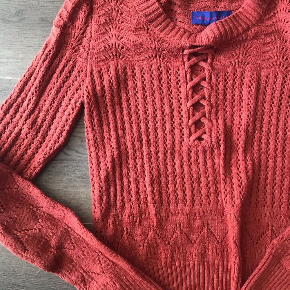 Aeropostale Crop Fall Sweater Mixed Stitch Lace Up